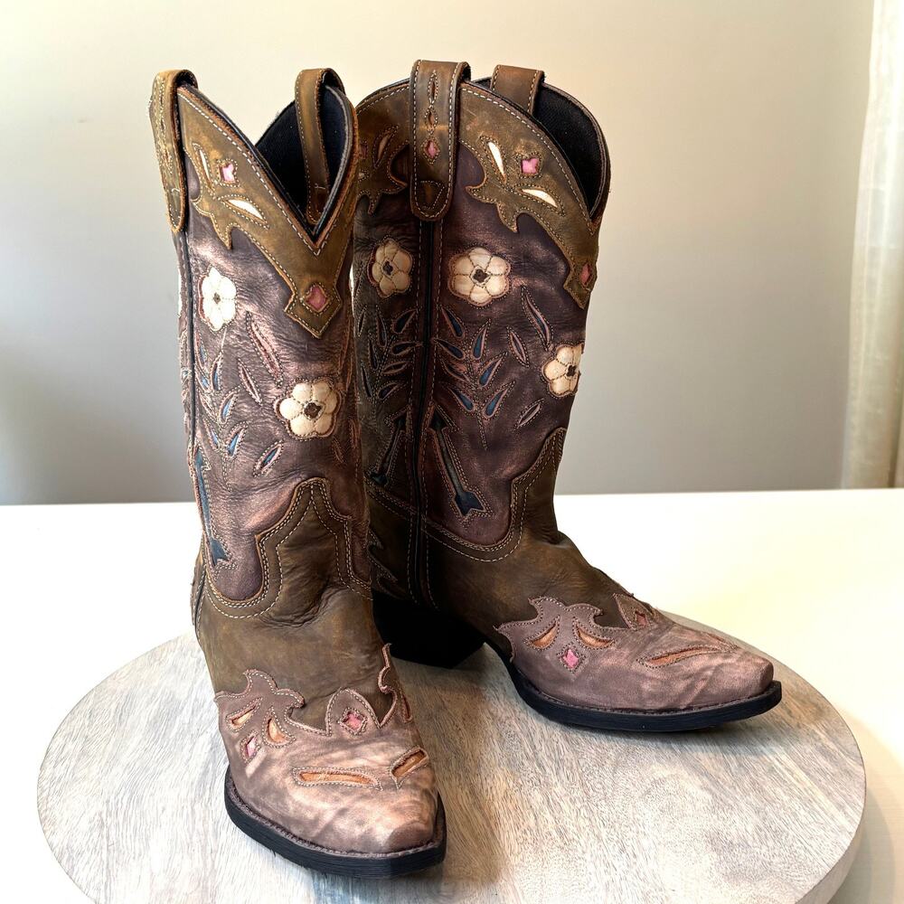 Laredo Miss Kate Western Cowboy Boots Floral Leather Brown Pink Women's 6 M